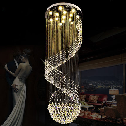 Modern LED crystal chandelier with long spiral design for elegant indoor lighting in homes, hotels, and living spaces