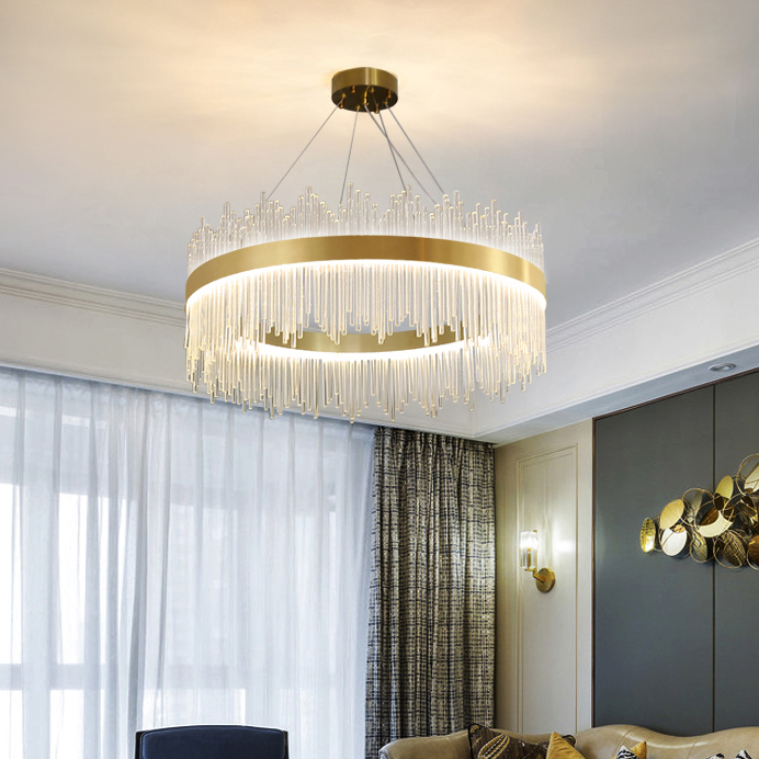 Modern LED crystal chandelier with round design for American homes, ideal for living rooms, bedrooms, restaurants, and lobby lighting