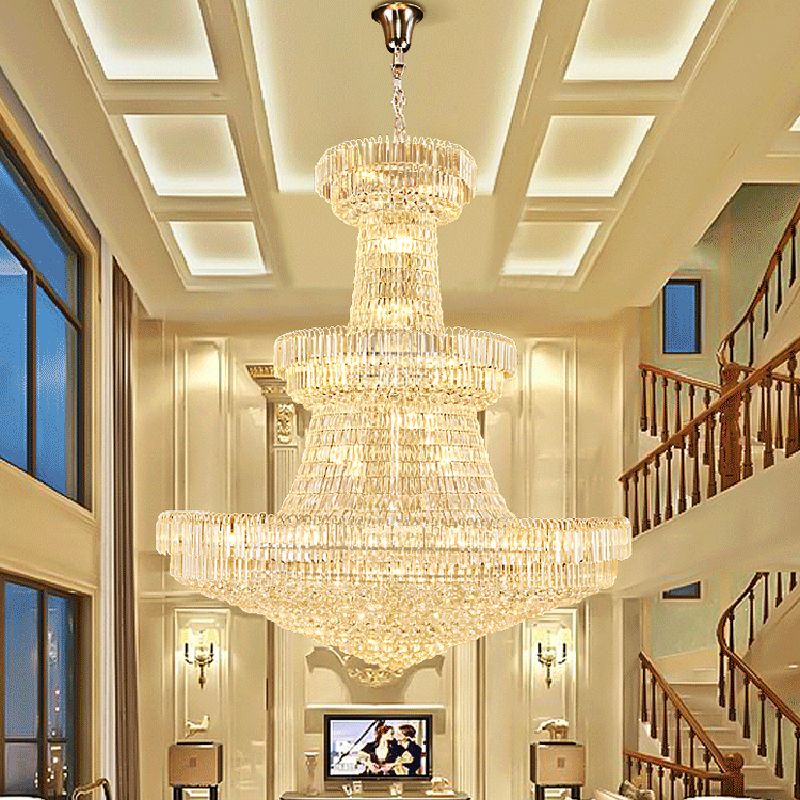 Modern LED crystal chandeliers for spacious American interiors like hotel lobbies, grand halls, and staircases