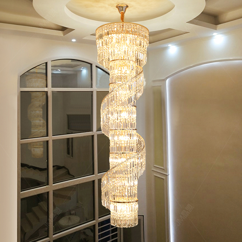 Modern LED crystal chandeliers with long spiral design for American homes, hotels, villas, and stairway lighting