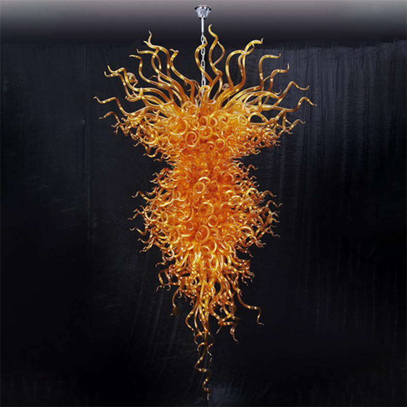 Modern LED dining chandelier with handcrafted orange glass shades, chain-hung pendant lighting in 40x60 inch art deco style