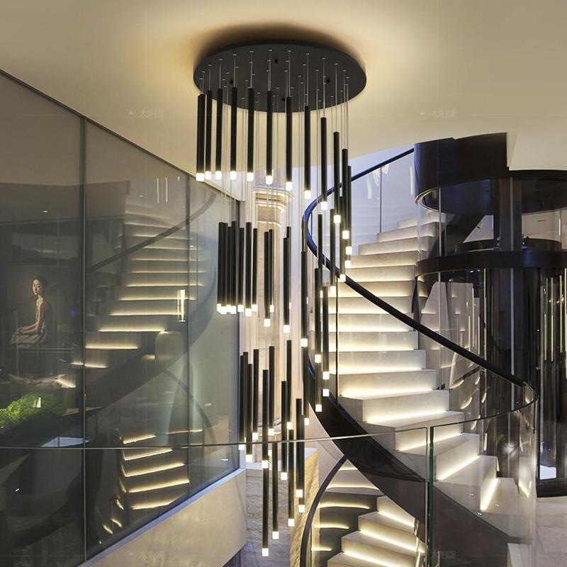 Modern LED pendant chandelier lighting for staircase, living room, dining area, loft, or villa in sleek black long downlight design