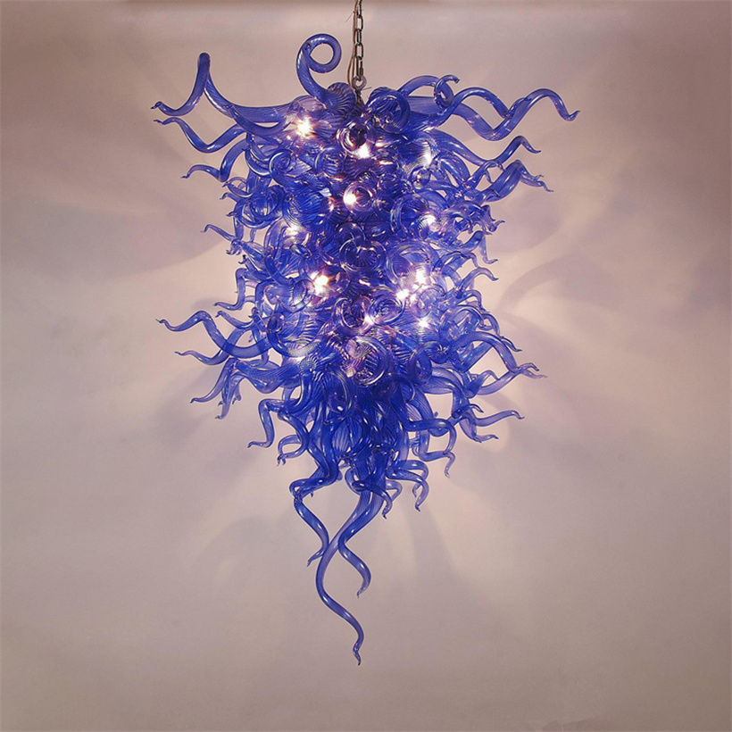 Modern LED pendant lighting with handcrafted blue glass chandelier, 28x48 inches for dining rooms