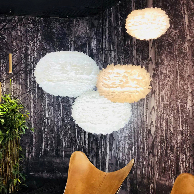 Modern LED pendant lights with white feather design for home interiors, perfect for kids' bedrooms, dining rooms, and living spaces