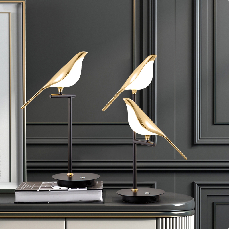 Modern LED table lamp featuring a magpie bird design, ideal for reading and home decor in bedrooms, living rooms, or desks