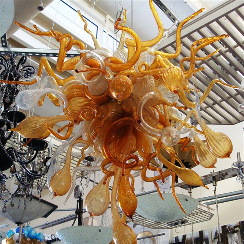 Modern living room pendant lamp featuring hand-blown amber and white glass in a creative Murano chandelier design, measuring 80 by 90cm for office or home use