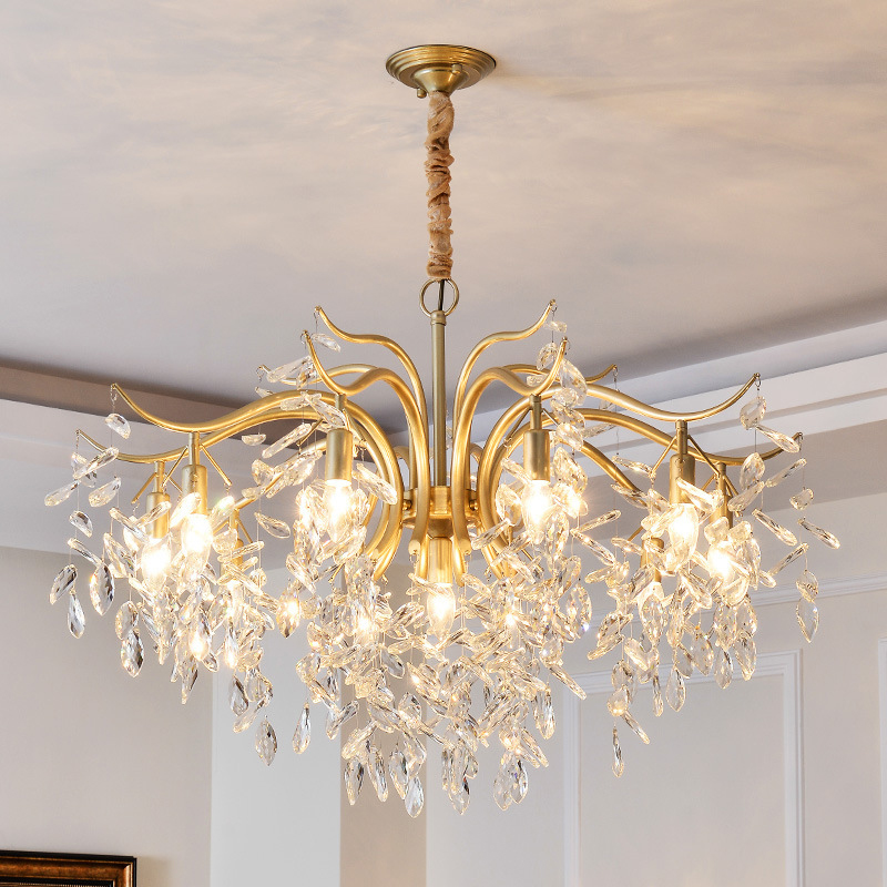 Modern minimalist chandelier for American living and dining rooms, stylish European bedroom lighting with gold crystal accents