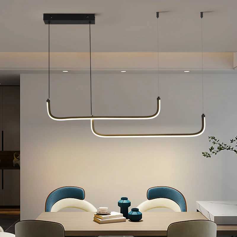 Modern minimalist LED pendant light for dining areas, adjustable black linear hanging lamp suitable for kitchens and living spaces