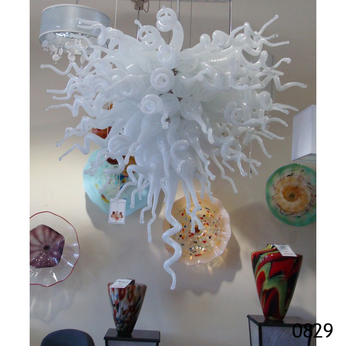 Modern minimalist white chandelier with Murano glass and LED lights for weddings, homes, and hotels