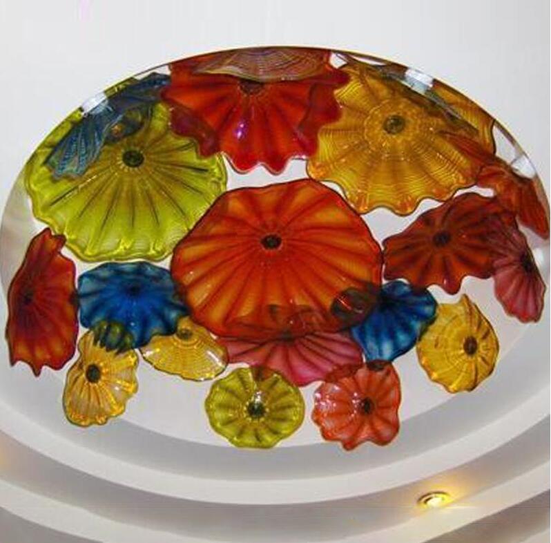 Modern multicolor Italian Murano glass chandelier with blown crystal plates for flush ceiling lighting