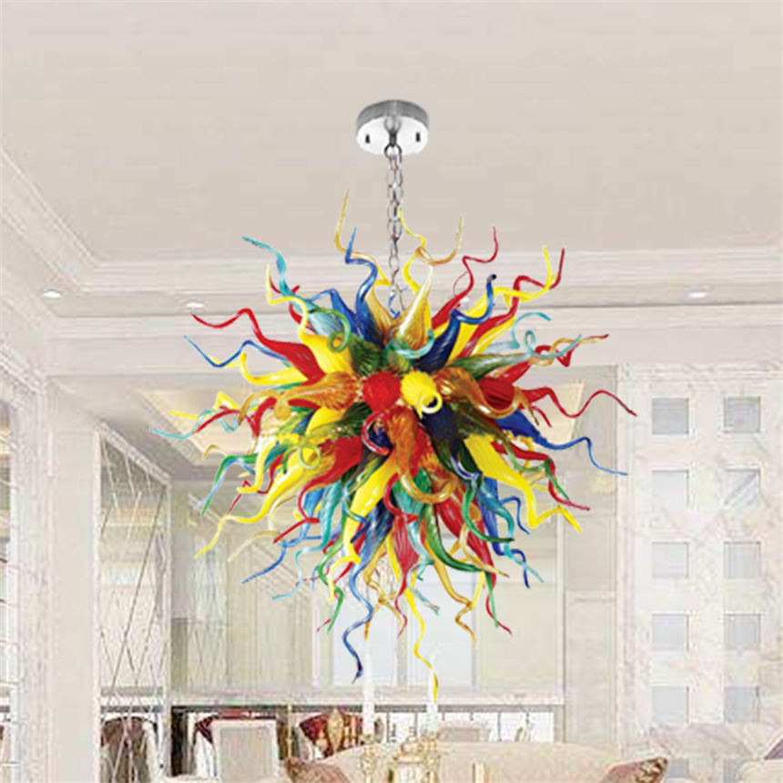 Modern multicolor LED pendant lamps with hand-blown glass crystals, 36-inch chandelier for bedroom and living room decor
