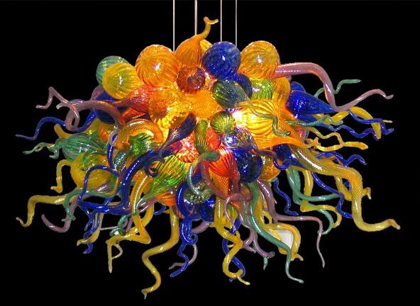 Modern multicolored hand-blown LED chandeliers and pendant lamps for stylish home and hotel decor