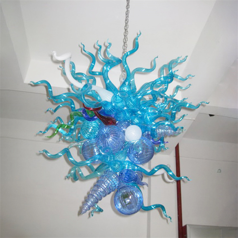 Modern multicolored pendant chandelier with hand-blown glass, 60cm wide and 90cm tall, ideal for kitchen or bar lighting