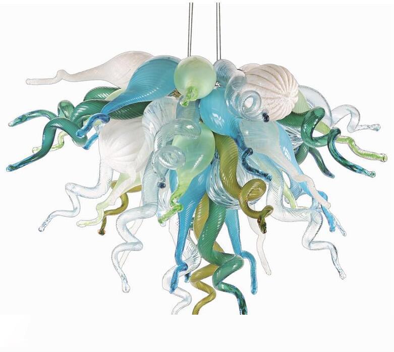 Modern Murano Chandelier in Aqua Blue and Amber Multicolor, 20-inch LED Hand-Blown Glass Pendant Light