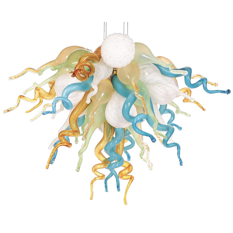Modern Murano chandelier with LED lighting, handcrafted from blown glass in white, blue, amber, and multicolor, measuring 28 inches