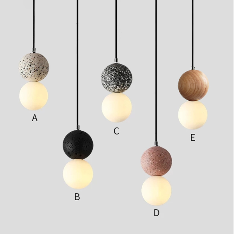 Modern Nordic pendant lamps for bedroom, dining, and kitchen with wood, glass, and cement design featuring LED lighting