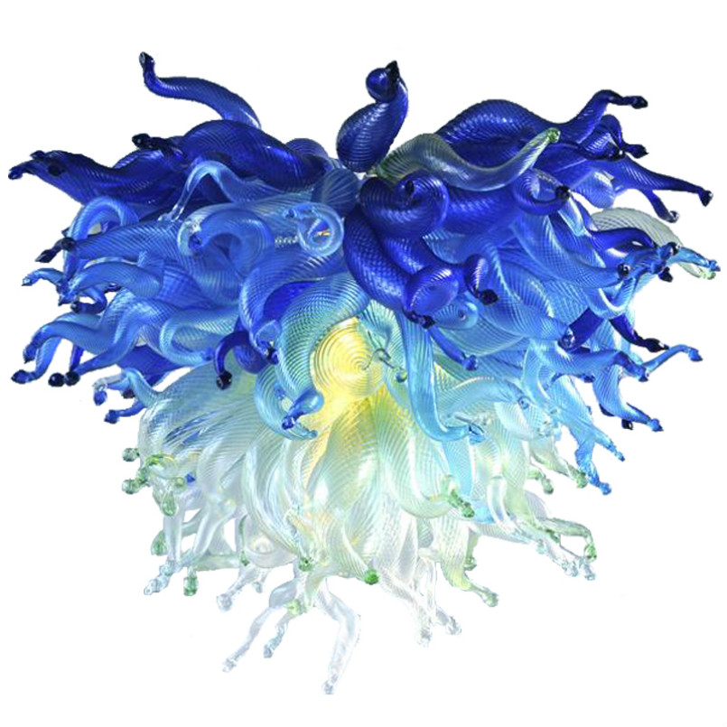 Modern pendant ceiling lamp featuring hand-blown blue-green glass and crystal accents, a 32