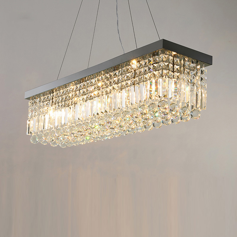 Modern pendant chandeliers featuring rectangular designs for kitchen, dining, and bedroom lighting with crystal accents