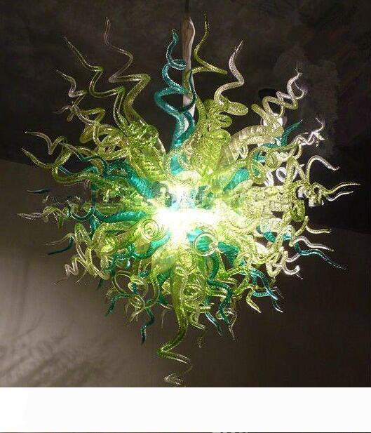 Modern pendant light featuring green glass chandelier design with hand-blown glass and energy-efficient LED lighting, compatible with 120V and 240V AC