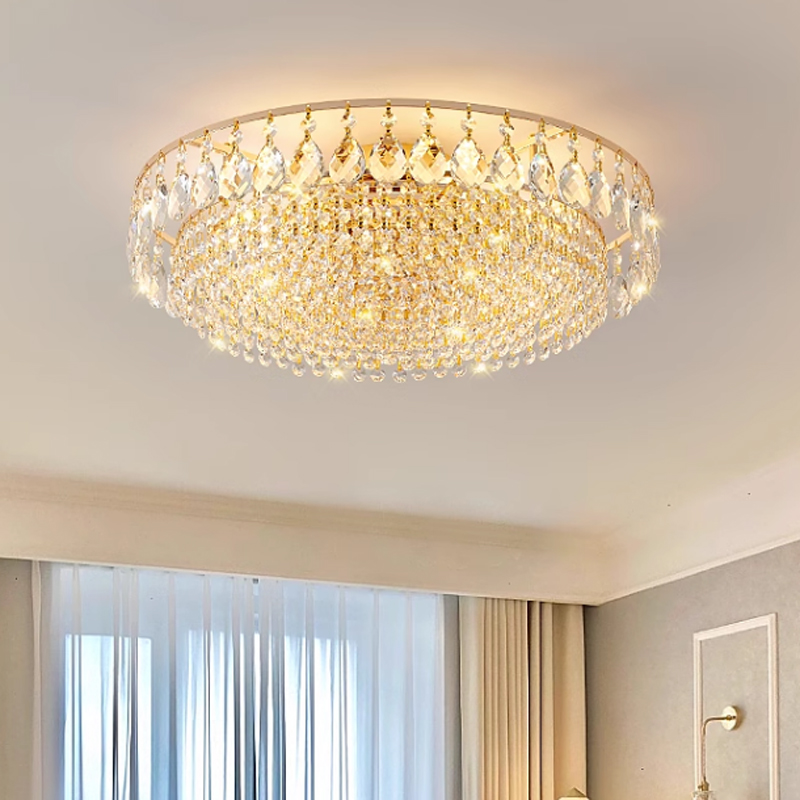 Modern round crystal ceiling lights for elegant home interiors, perfect for bedrooms, dining, and living spaces