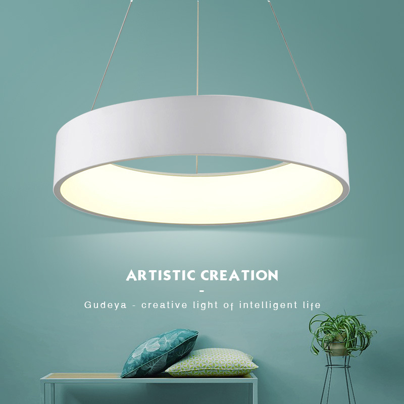 Modern round LED pendant light with circular ring design for ceiling installation in kitchens, living rooms, dining areas, and bedrooms