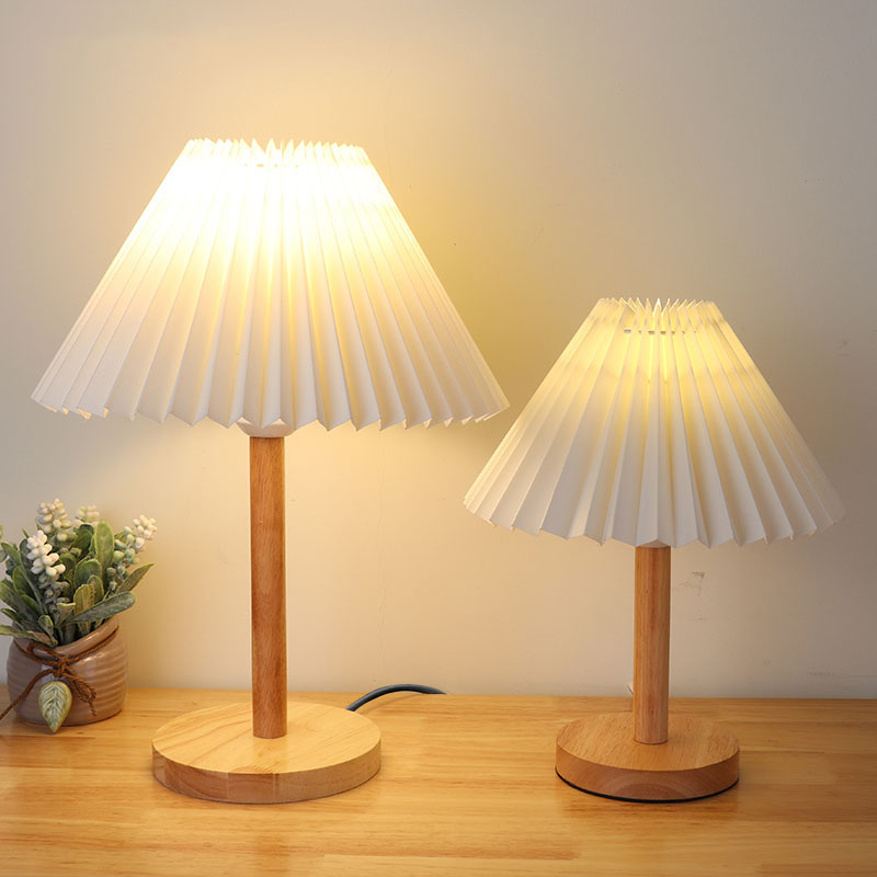 Modern Scandinavian-style wooden pleated lamp for bedside or desk lighting