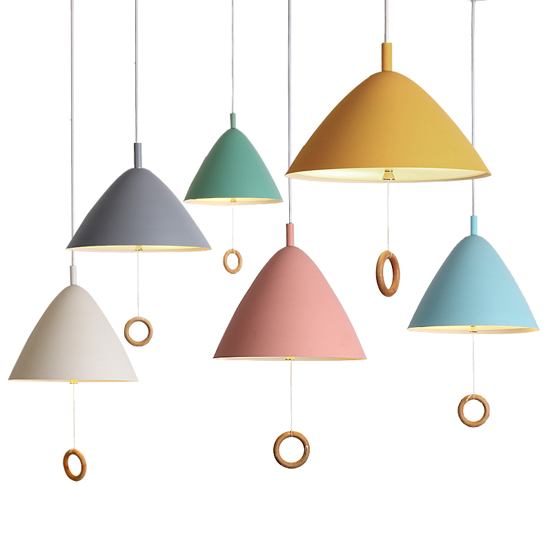 Modern simple pull ring pendant lights with colorful macaron shades, ideal for kids' rooms, foyers, or restaurants