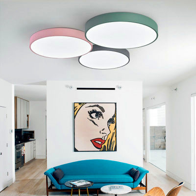 Modern Slim Simple Macaron Colorful LED Ceiling Light 5CM Thin LED Fixture in Black or White Iron Round Flat Design for Bedrooms