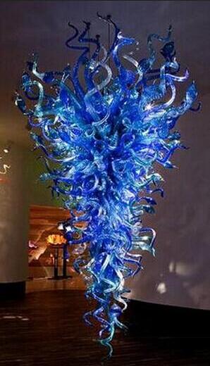 Modern stylish LED chandelier featuring handcrafted Murano glass in a floral design with large blue shades