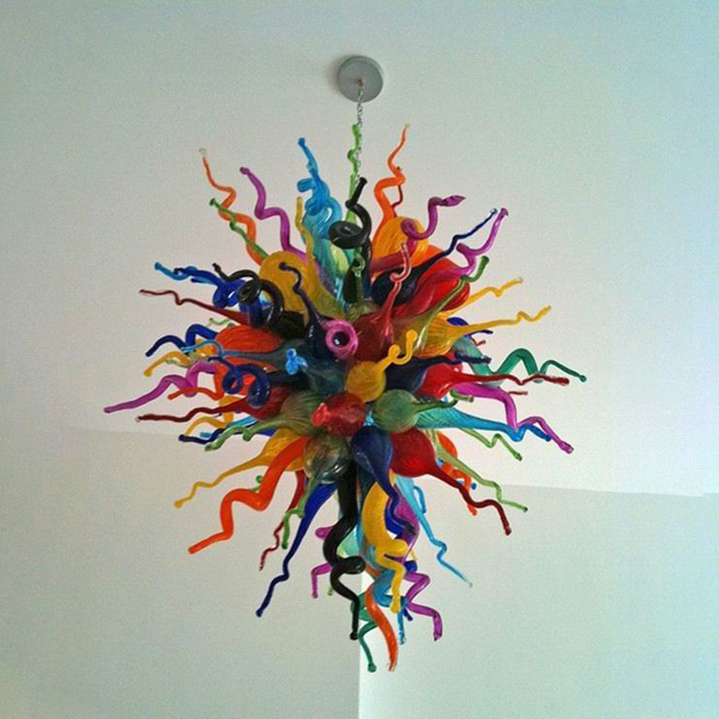 Modern stylish pendant light with multicolored Murano glass and E14 LED bulbs, perfect for Art Deco living or dining spaces