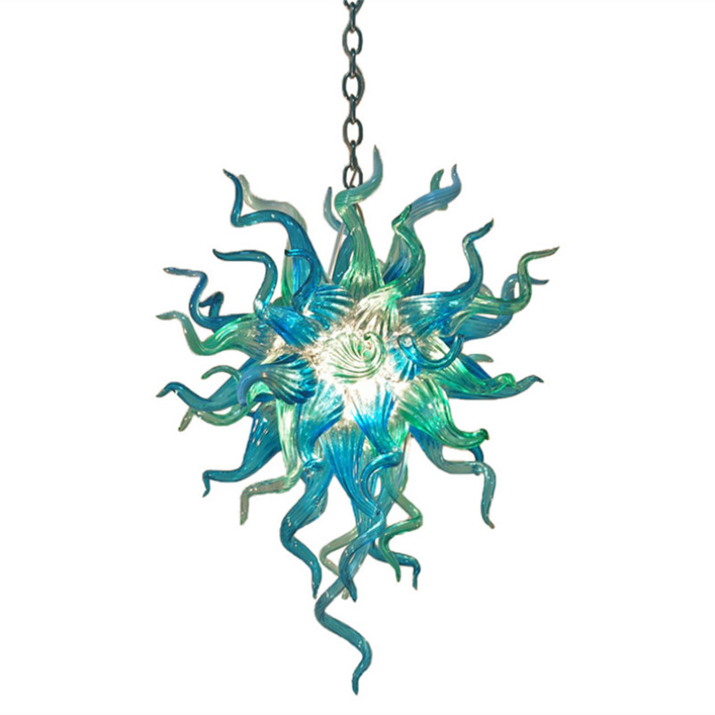 Modern teal blue art deco glass chandelier with LED chain pendant lights for living room ceiling decor