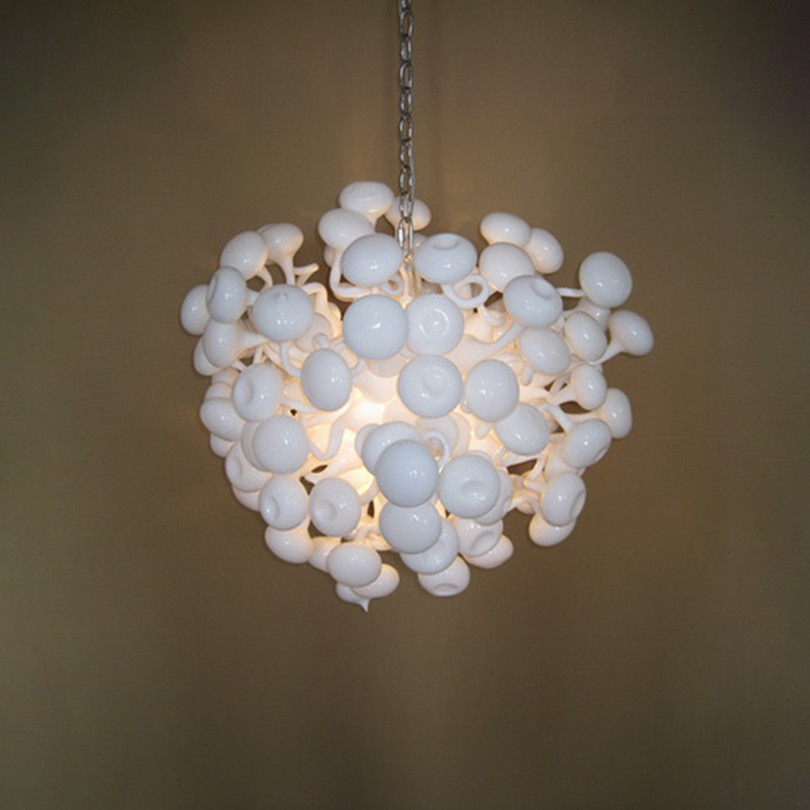 Modern white LED chandelier pendant lamp with hand-blown glass, ideal for foyer and stair lighting, measuring 32x32 inches