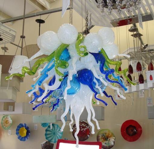Moroccan-inspired elegant handcrafted blown glass chandeliers with colorful LED lighting for festive home decor