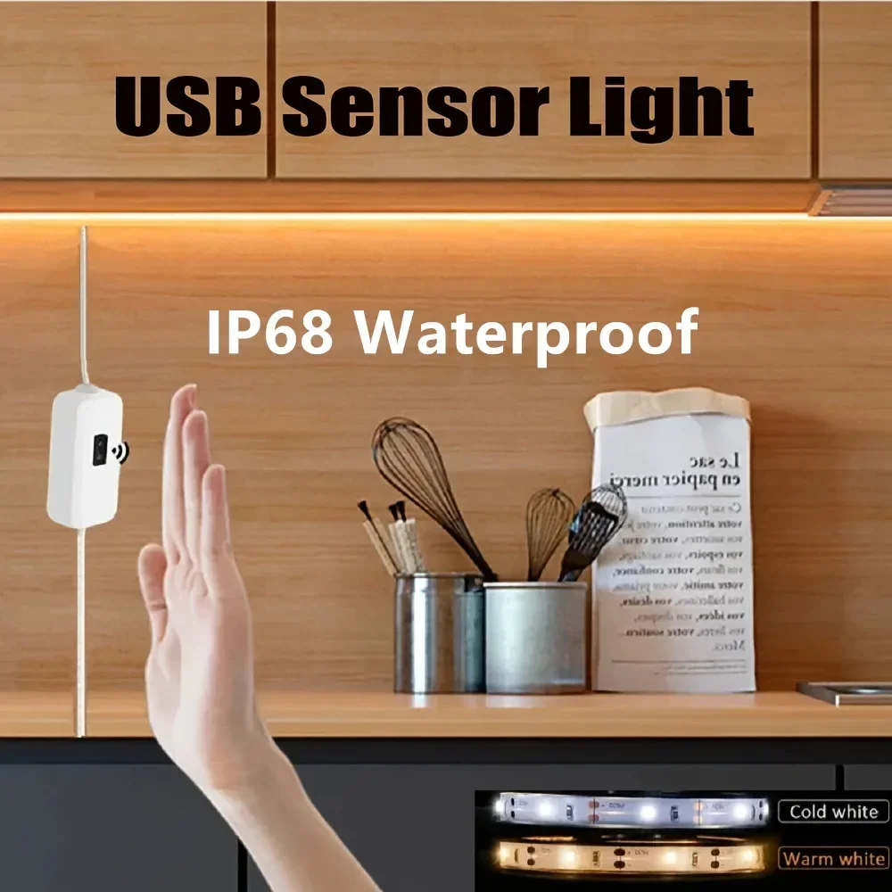 Motion-activated 5V USB LED strip lights for cabinets, wardrobes, stairs, and kitchen storage