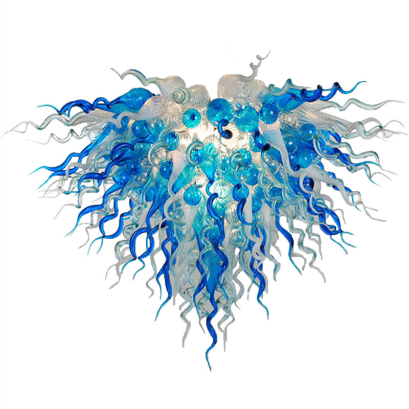 Mouth-blown glass chandelier with LED lighting, hanging pendant lamps for bedroom and home decoration in blue