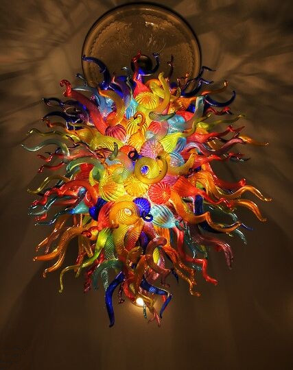 Multi-color handcrafted blown glass chandelier in modern Murano style with LED lighting for villa ceilings