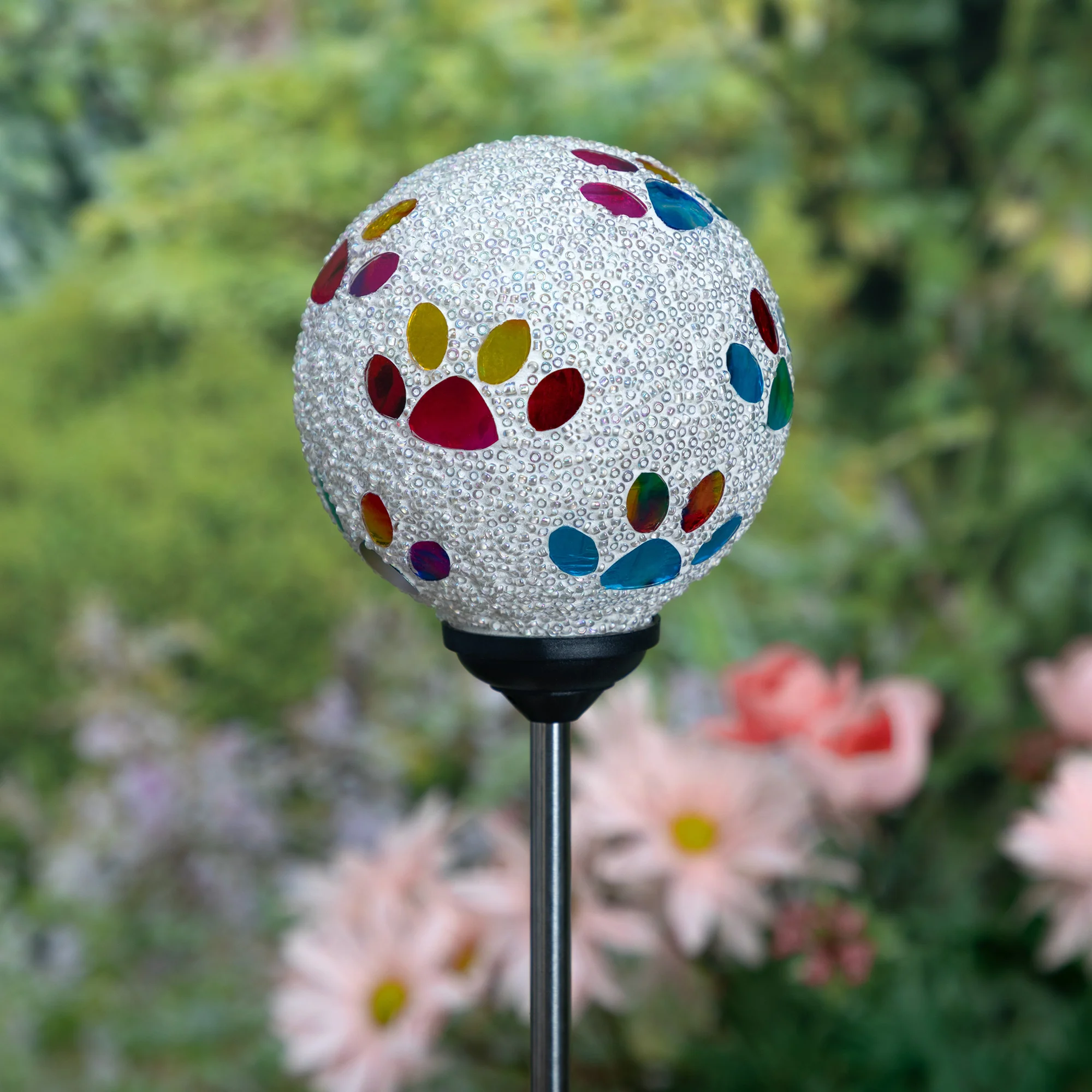Multicolor Paws Beaded Solar Garden Stake - White