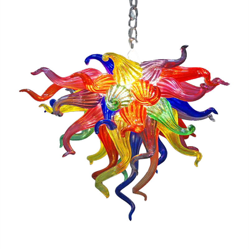 Multi-colored pendant chandelier with LED bulbs, 24-inch hand-blown glass crystal lighting for home decor
