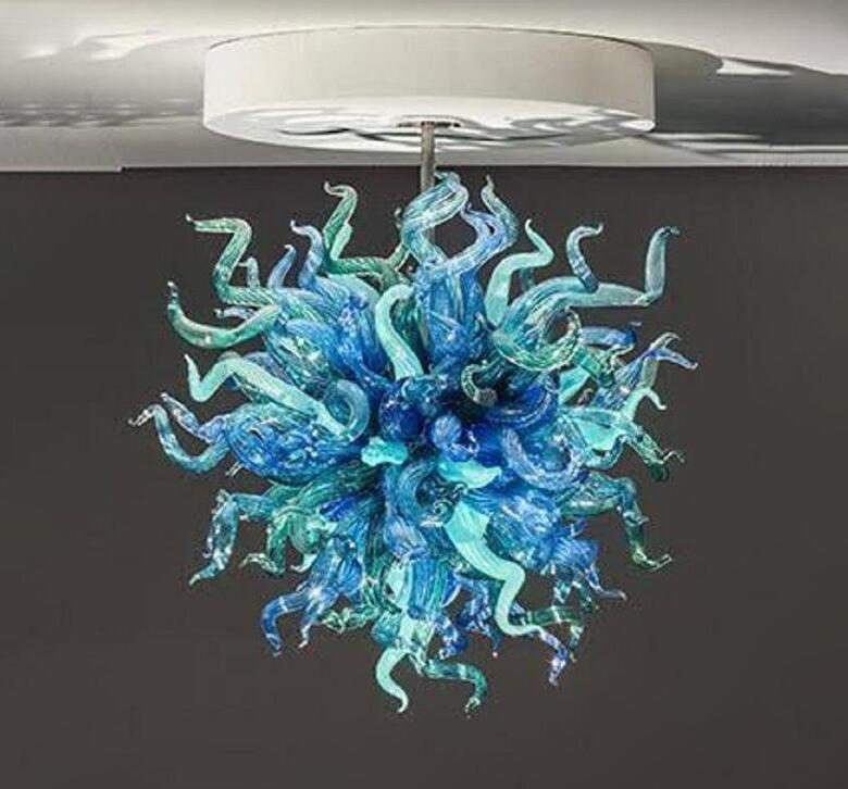 Murano blue and green glass chandelier with LED lighting, handcrafted Venetian pendant lamp