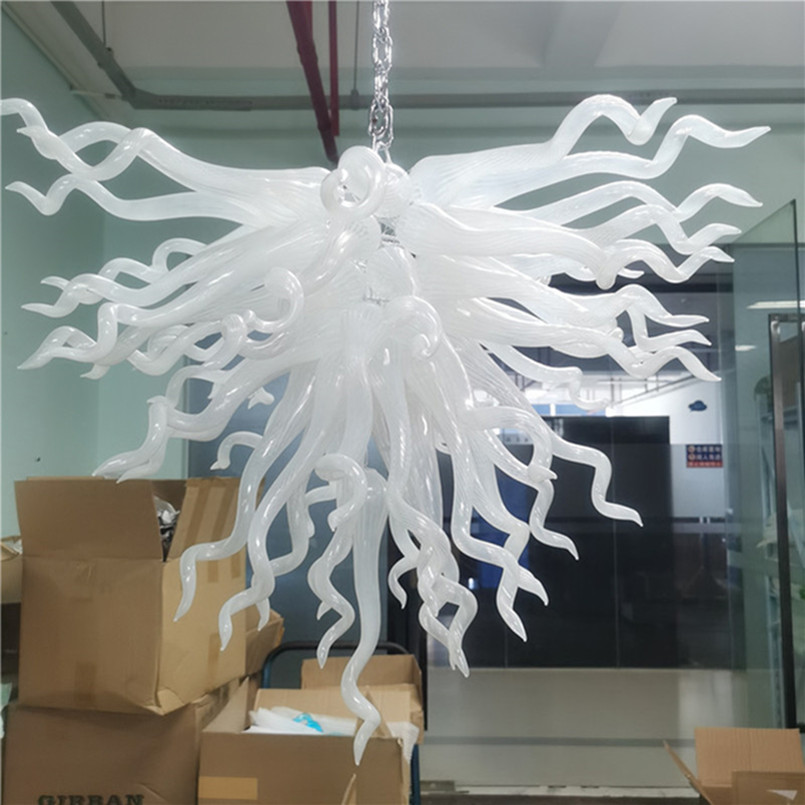 Murano Pendant Lamps with 24-inch white lampshades, featuring LED bulbs and Art Deco design, crafted from 100% hand-blown glass for elegant chandelier lighting