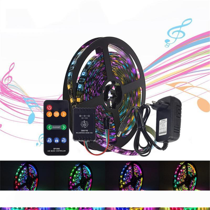 Music-controlled dream color LED strip set with WS2811 RGB lights, 5050 size, 12V DC power, includes remote and 3A adapter