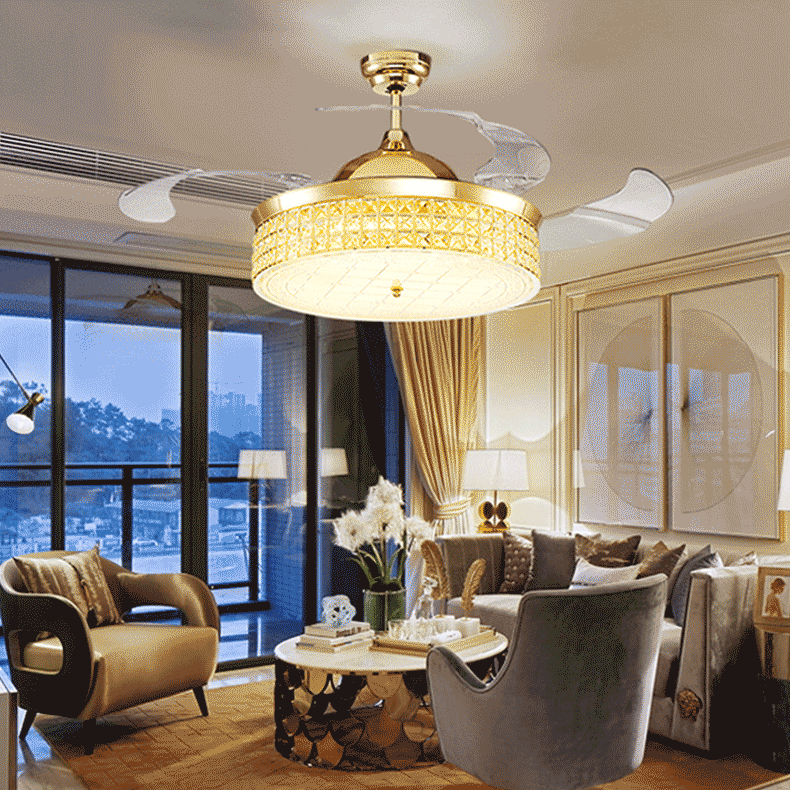 New LED ceiling fan with invisible lights, timing remote, frequency conversion motor, warm white pendant lamp, and crystal remote control