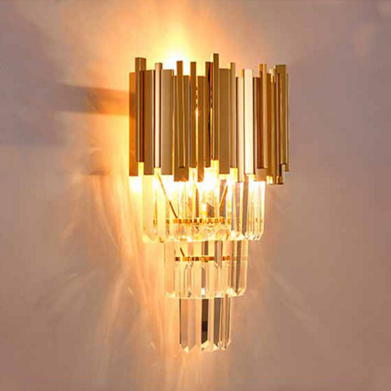 New LED crystal wall lamps in golden finish for living rooms, bedrooms, hotels, restaurants, and villa lighting projects