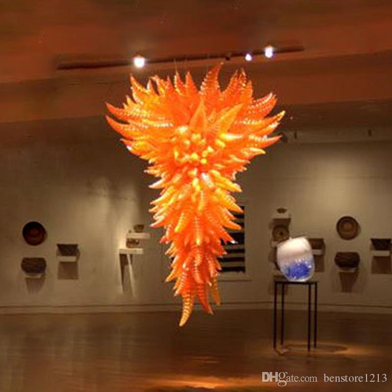 New LED-lit spiral chandelier in hand-blown orange glass for large hotel ballrooms and staircases