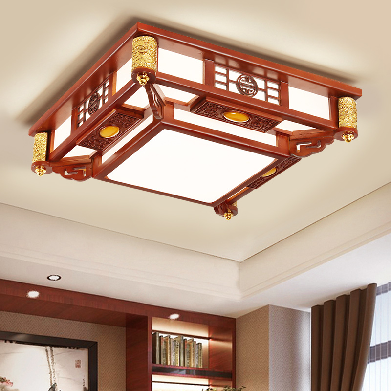 New minimalist solid wood LED ceiling light with rectangular design for living room, dining area, or bedroom in vintage Chinese style