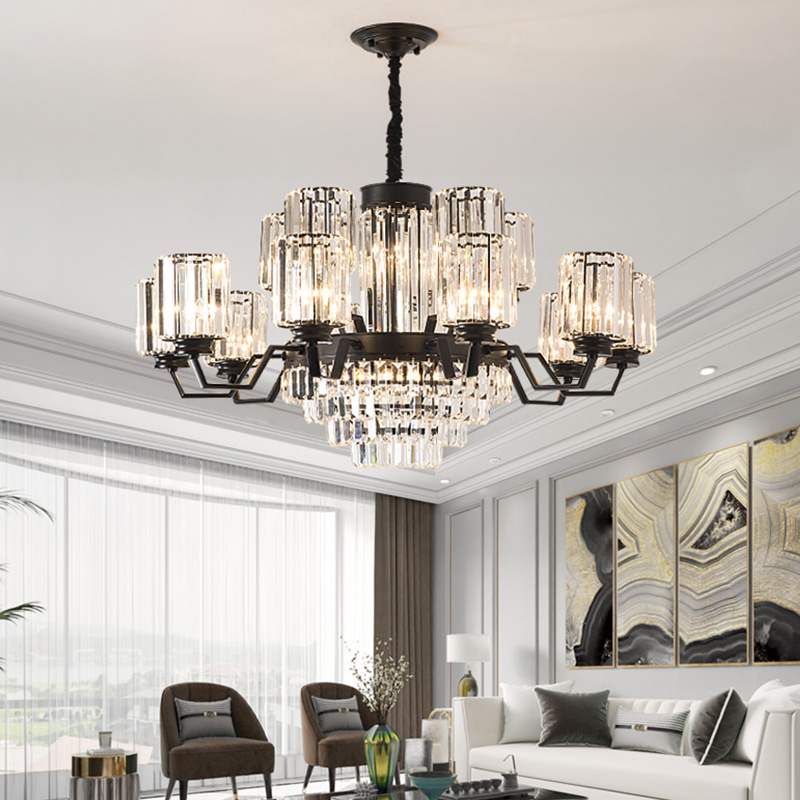 New Nordic-style black iron LED crystal chandelier for modern living and dining room decor