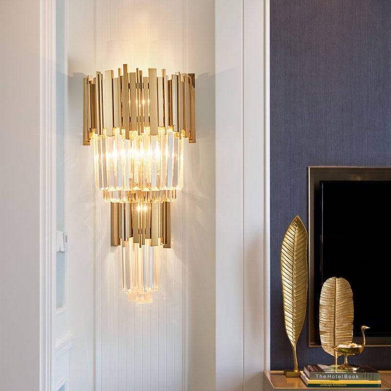 Newest contemporary crystal wall sconces with golden bars for bedroom and hallway lighting
