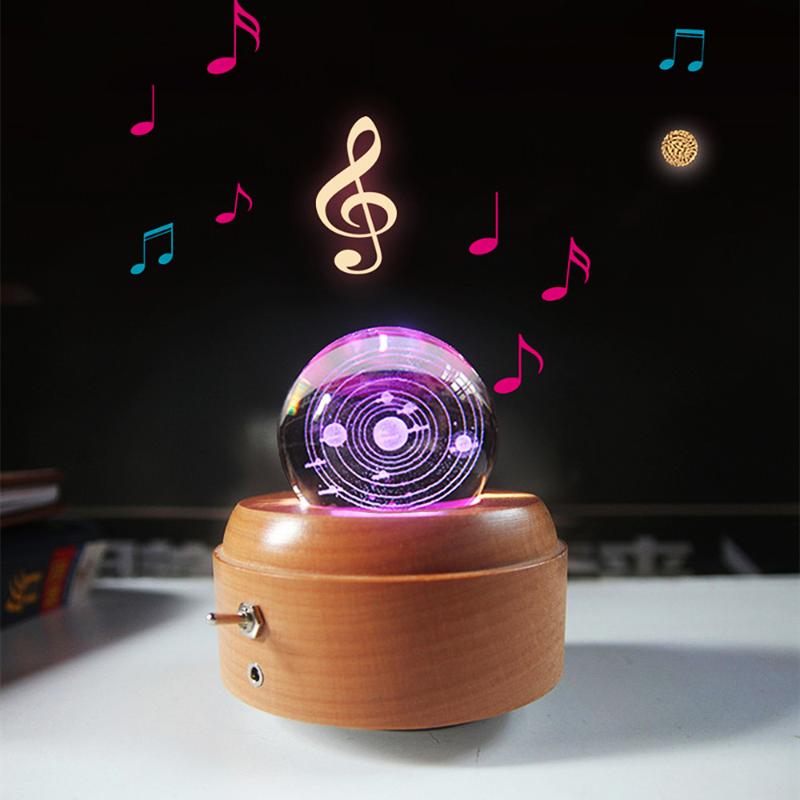 Night Light Music Box with Rotating Wooden Base, LED Crystal Ball Lamp for Bedroom and Living Room Decor, Cute Gift Idea