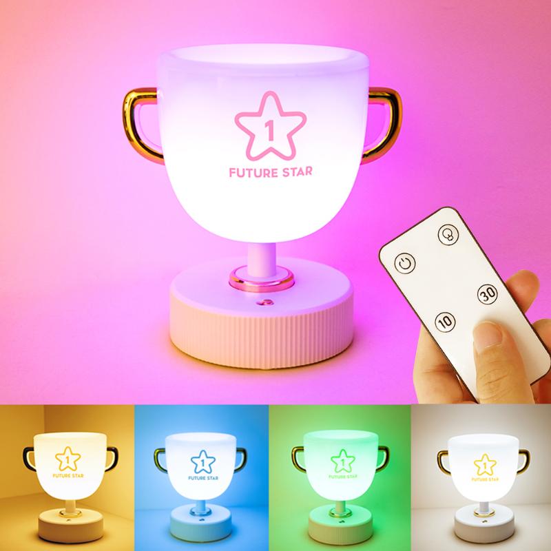 Night Light RGB Bedside Lamp with Adjustable Brightness, Storage, Pen Holder, and Trophy Design for Desks