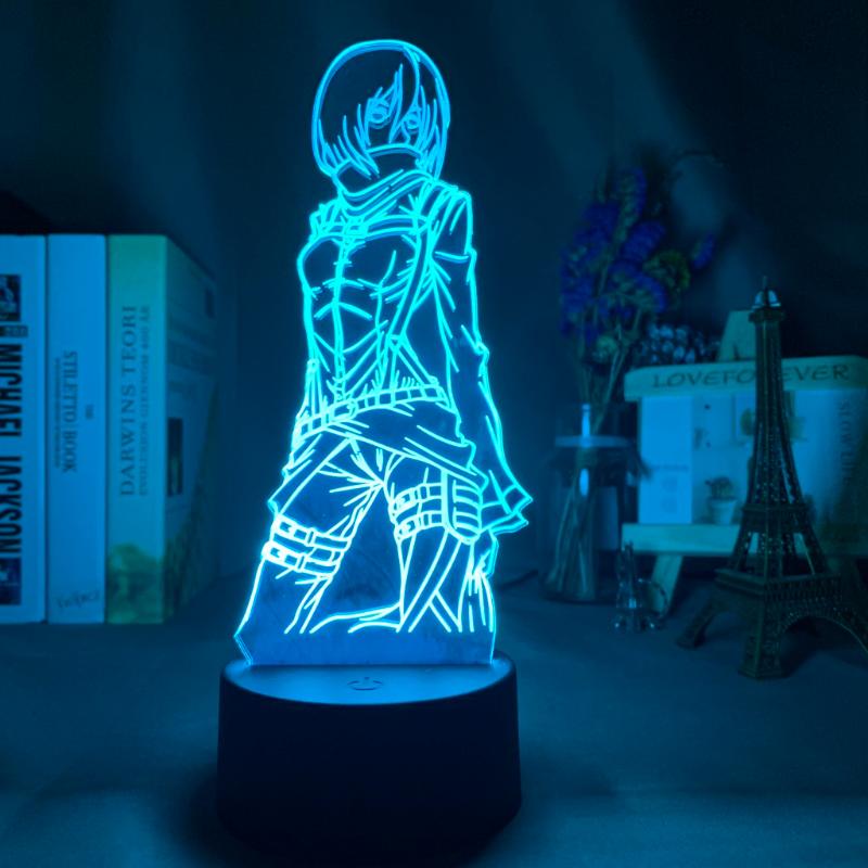 Night Lights 3D Lamp featuring Attack on Titan's Mikasa Ackerman, a colorful LED anime nightlight for room decor and gifts